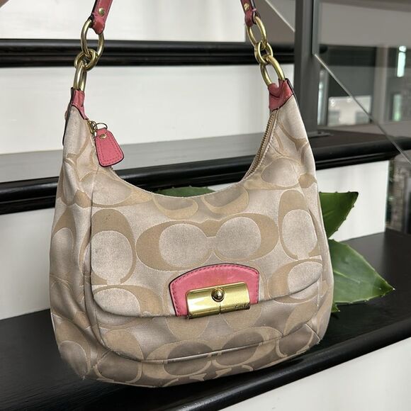 Coach Handbags - Coach genuine, leather signature, canvas Pink shoulder, handbag, purse